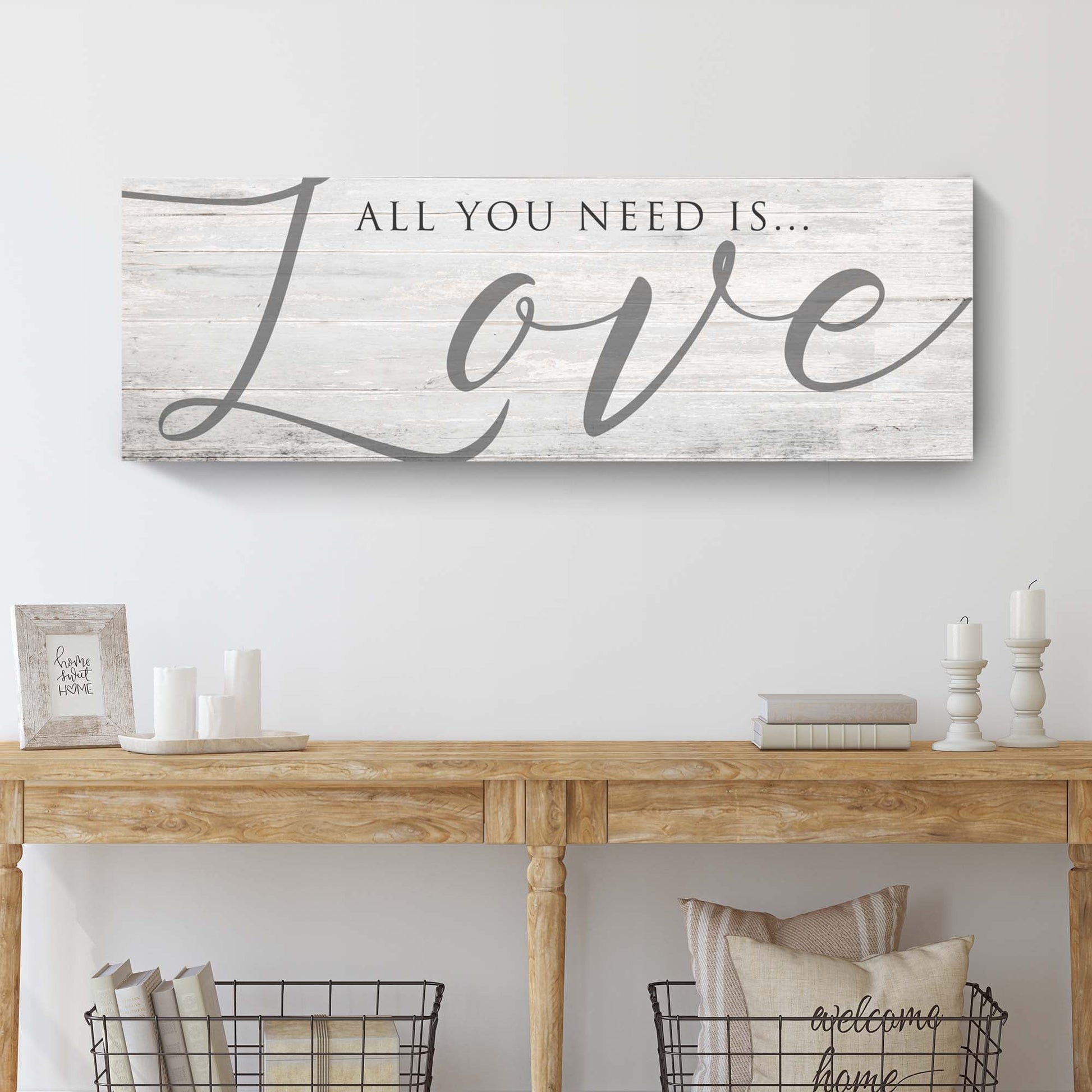 All You Need Is Love Sign IV canvas with distressed wood background Tailored Canvases on Tampa Home & Garden Store
