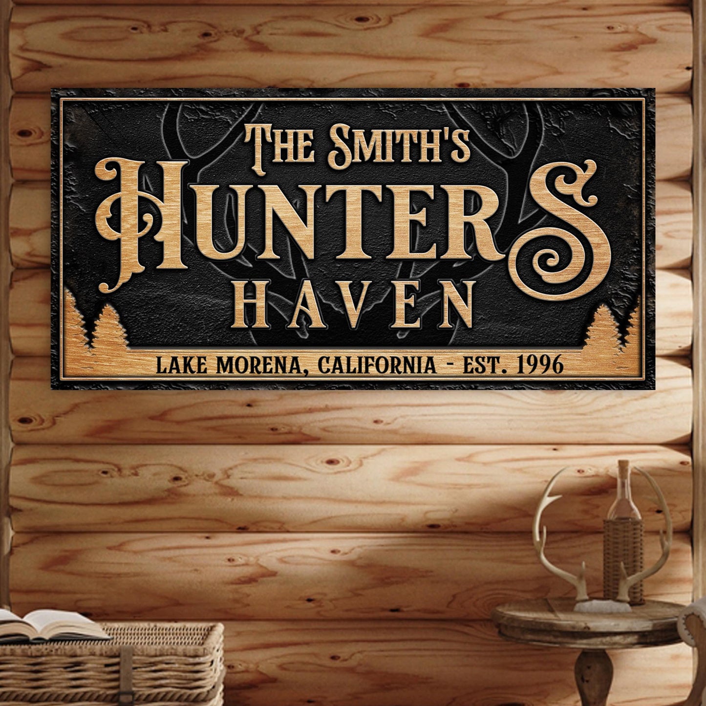 Personalized Hunters Haven Family Sign canvas with gold lettering on black backdrop border on Tampa Home & Garden Store