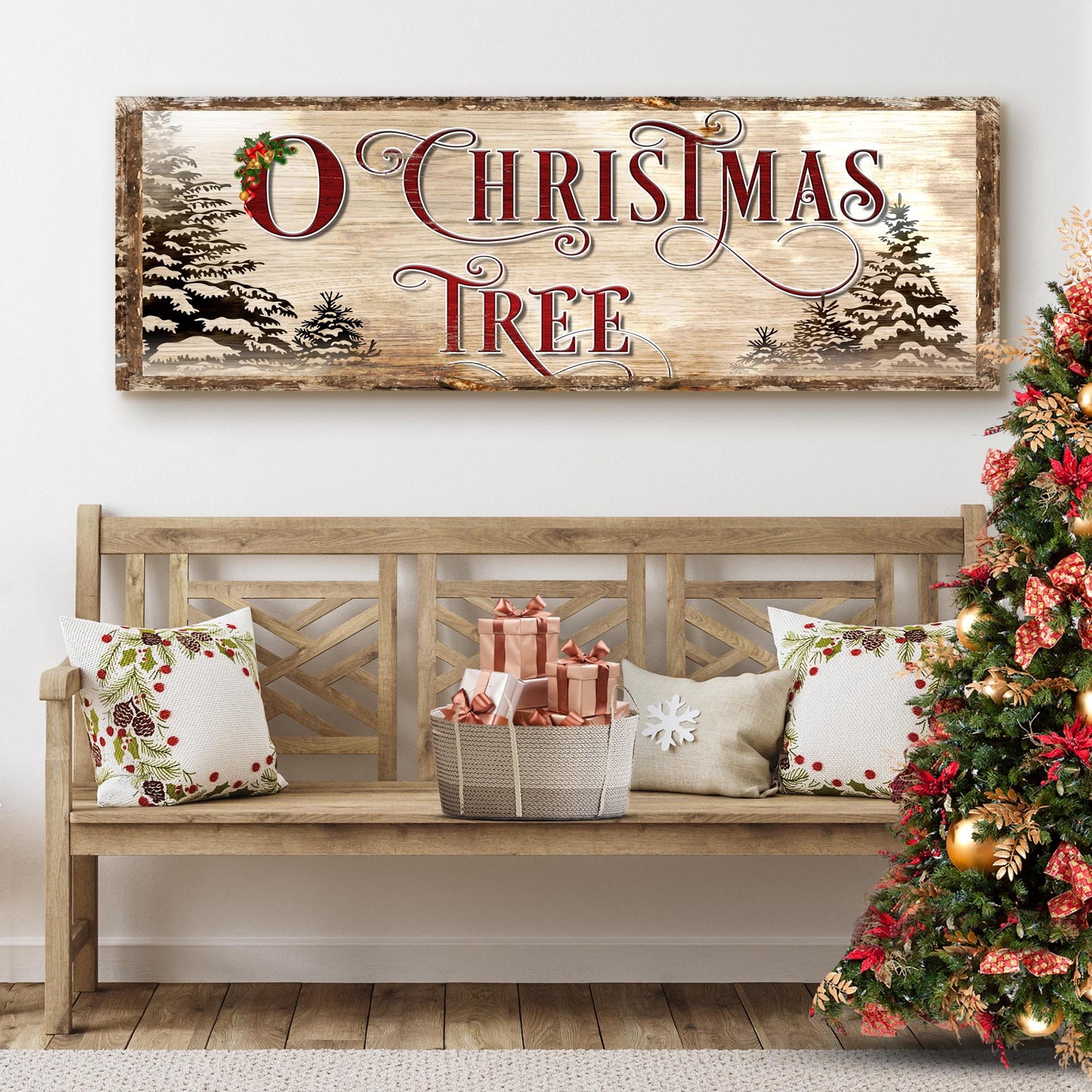 O Christmas Tree Sign canvas by Tailored Canvases, rustic wood panel with red lettering on Tampa Home & Garden Store