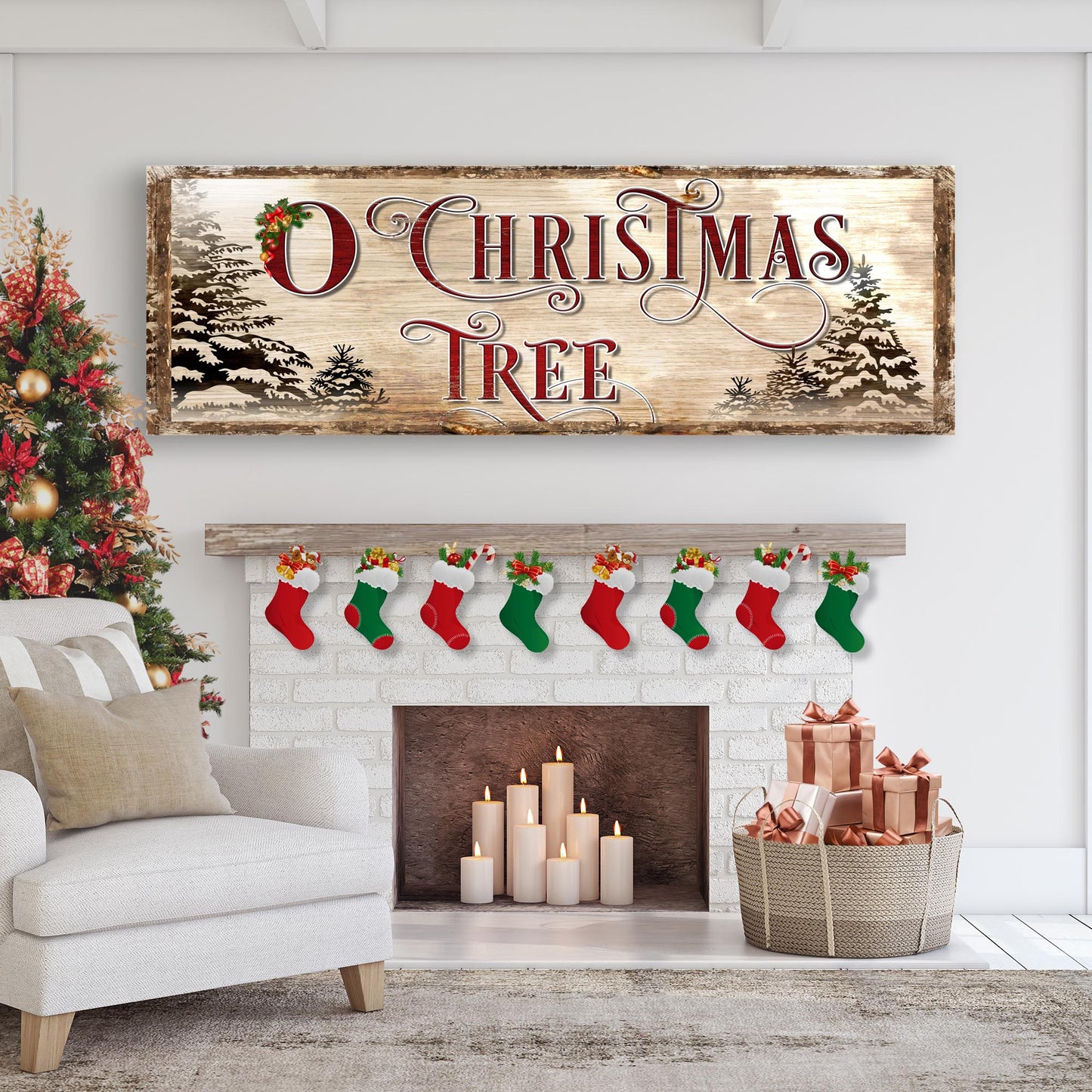 O Christmas Tree sign canvas with woodgrain backdrop and red ornate lettering on Tampa Home & Garden Store