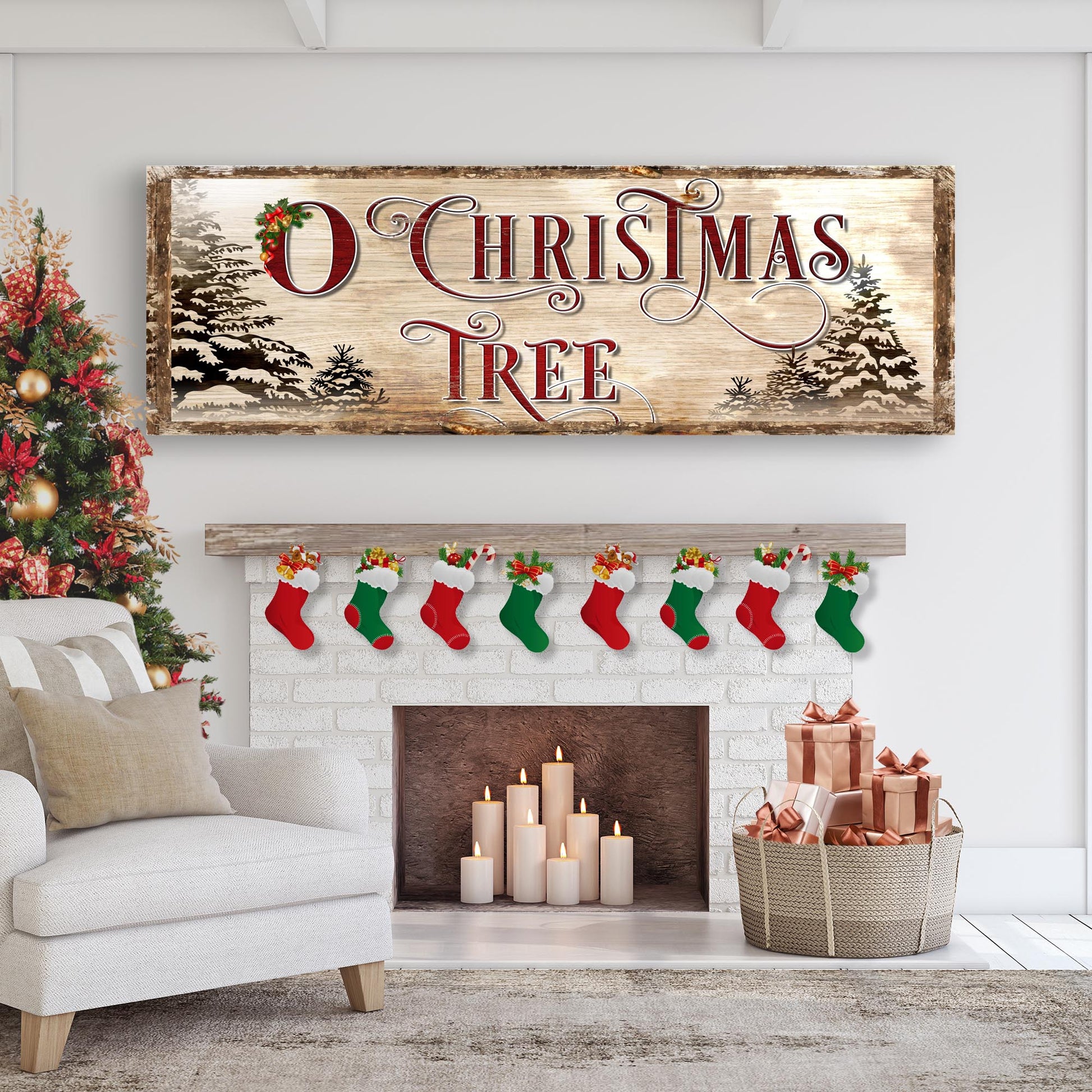 O Christmas Tree sign canvas with woodgrain backdrop and red ornate lettering on Tampa Home & Garden Store