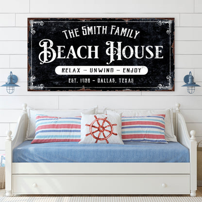 Beach House Personalized Sign canvas by Tailored Canvases, black chalkboard art with border on Tampa Home & Garden Store