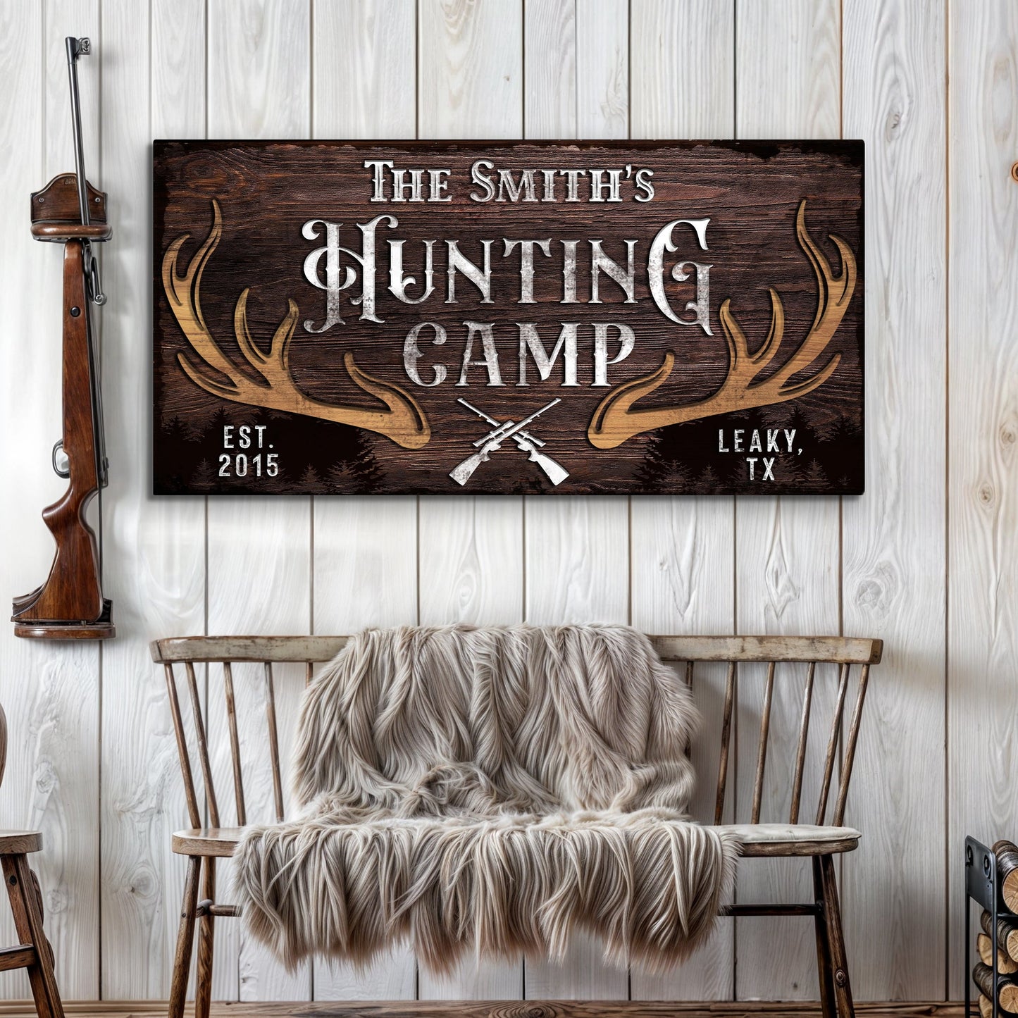 Family Hunting Camp Sign canvas wall art with dark wood grain and antler motif on Tampa Home & Garden Store
