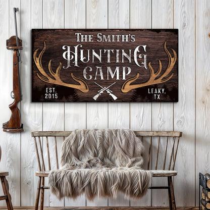 Family Hunting Camp Sign canvas wall art with dark wood grain and antler motif on Tampa Home & Garden Store