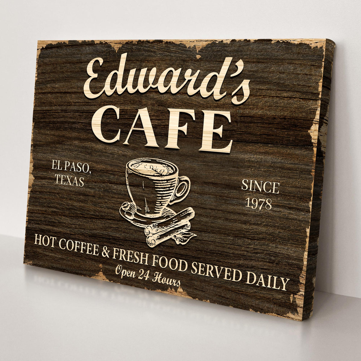 Cafe Sign III canvas Tailored Canvases with dark wood grain and Eduard's Cafe coffee cup on Tampa Home & Garden Store