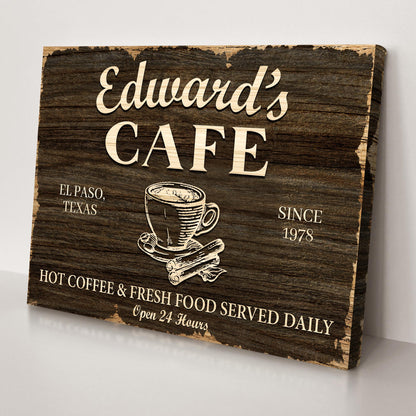 Cafe Sign III canvas Tailored Canvases with dark wood grain and Eduard's Cafe coffee cup on Tampa Home & Garden Store