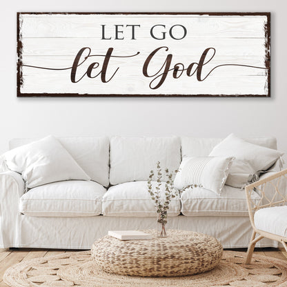 Let Go Let God II canvas sign on distressed white wood with dark frame Tailored Canvases on Tampa Home & Garden Store