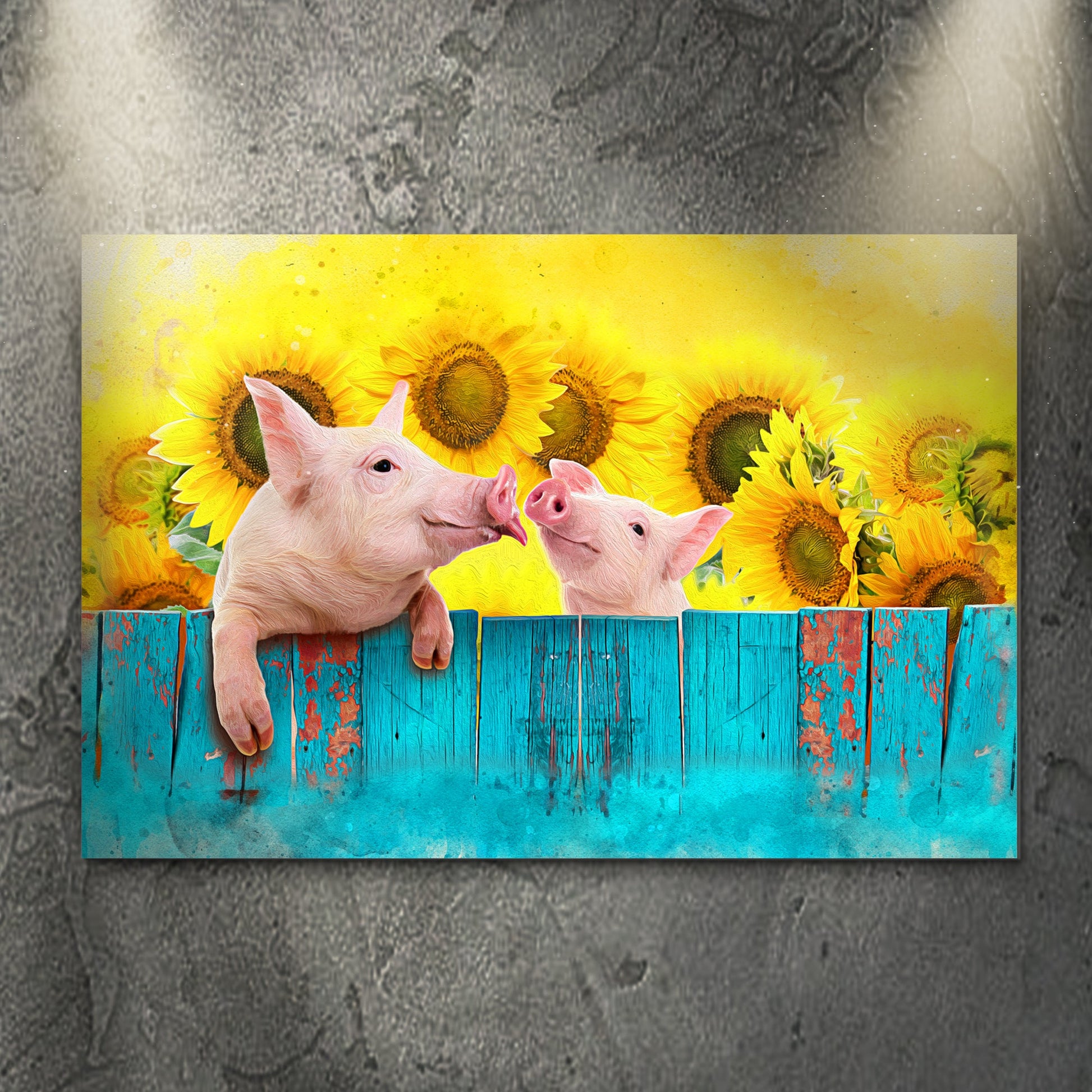 Sunflower Pigs Canvas Wall Art featuring sunflowers and piglets against a blue fence on Tampa Home & Garden Store