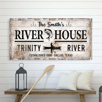 Personalized River House Sign II canvas wall art with rustic weathered finish and fish graphic on Tampa Home & Garden Store