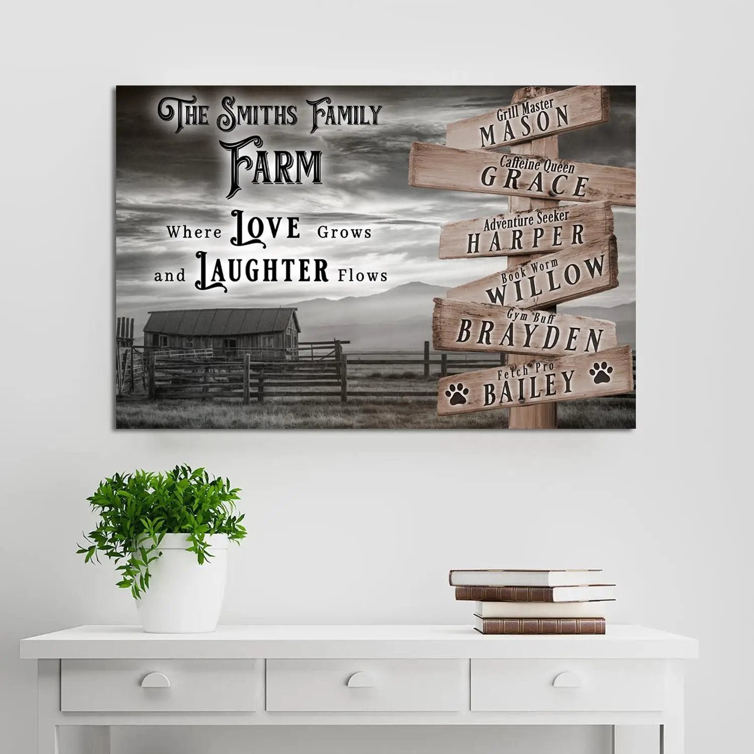 Canvas art Where Love Grows And Laughter Flows family farm names sign with wood plank post on Tampa Home & Garden Store
