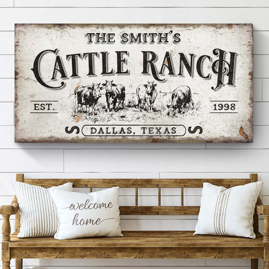 Canvas sign cattle ranch with rustic typography and cattle illustration by Tailored Canvases on Tampa Home & Garden Store