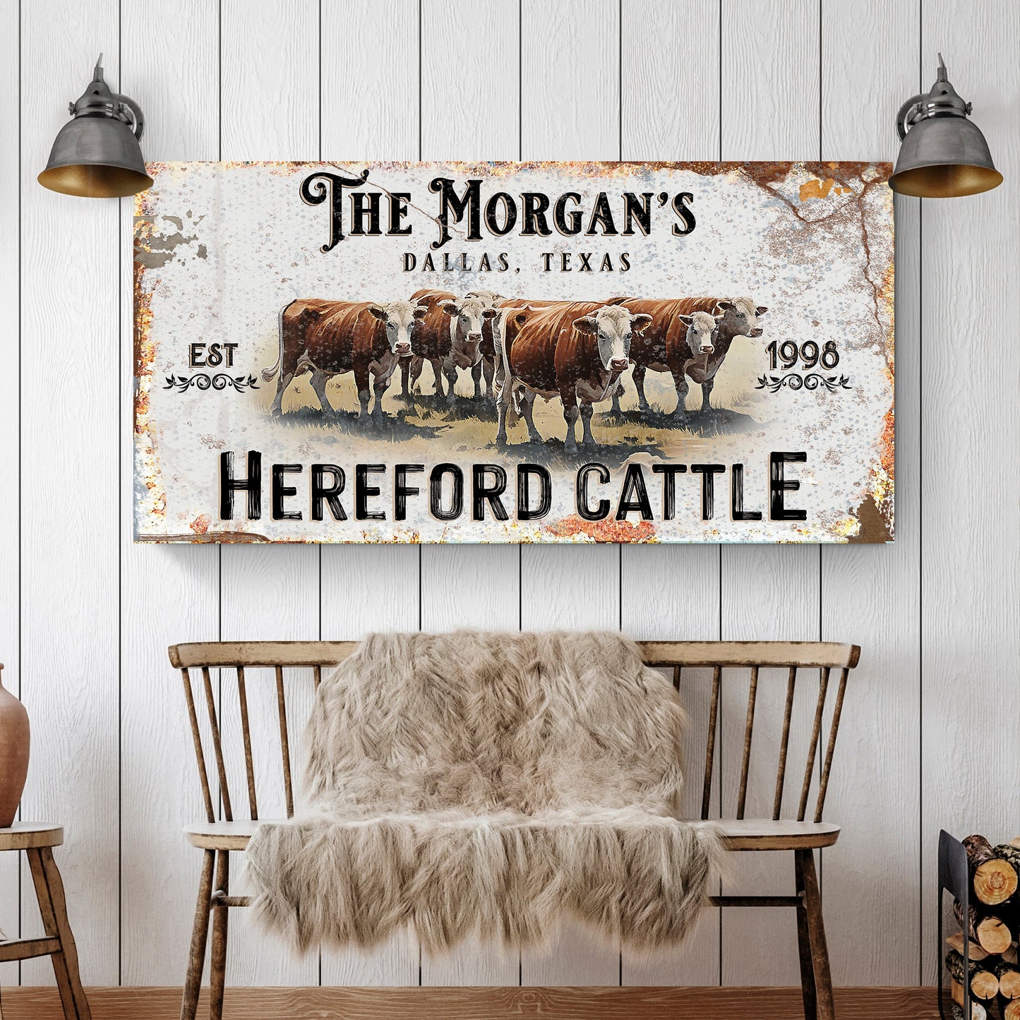 Personalized Hereford Cattle Sign II canvas by Tailored Canvases with rustic cow herd on Tampa Home & Garden Store