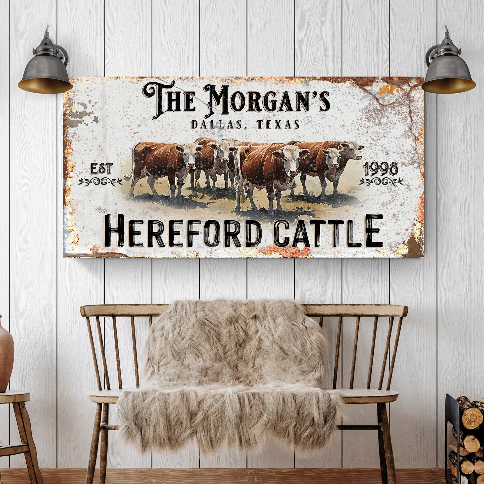 Personalized Hereford Cattle Sign II canvas by Tailored Canvases with rustic cow herd on Tampa Home & Garden Store