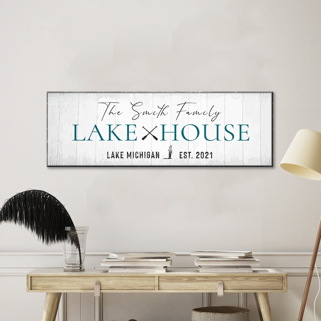 Canvas wall art with whitewashed wood background, teal LAKE×HOUSE, black LAKE MICHIGAN EST. 2021 on Tampa Home & Garden Store