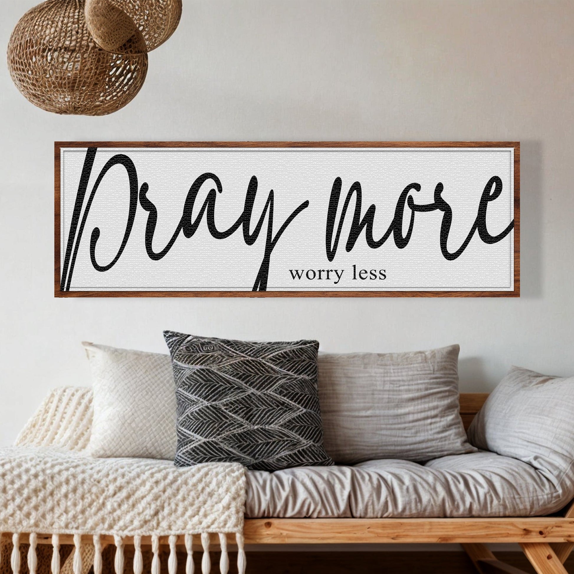 Tailored Canvases Pray More Worry Less Faith Sign IV canvas; black script wood frame on Tampa Home & Garden Store