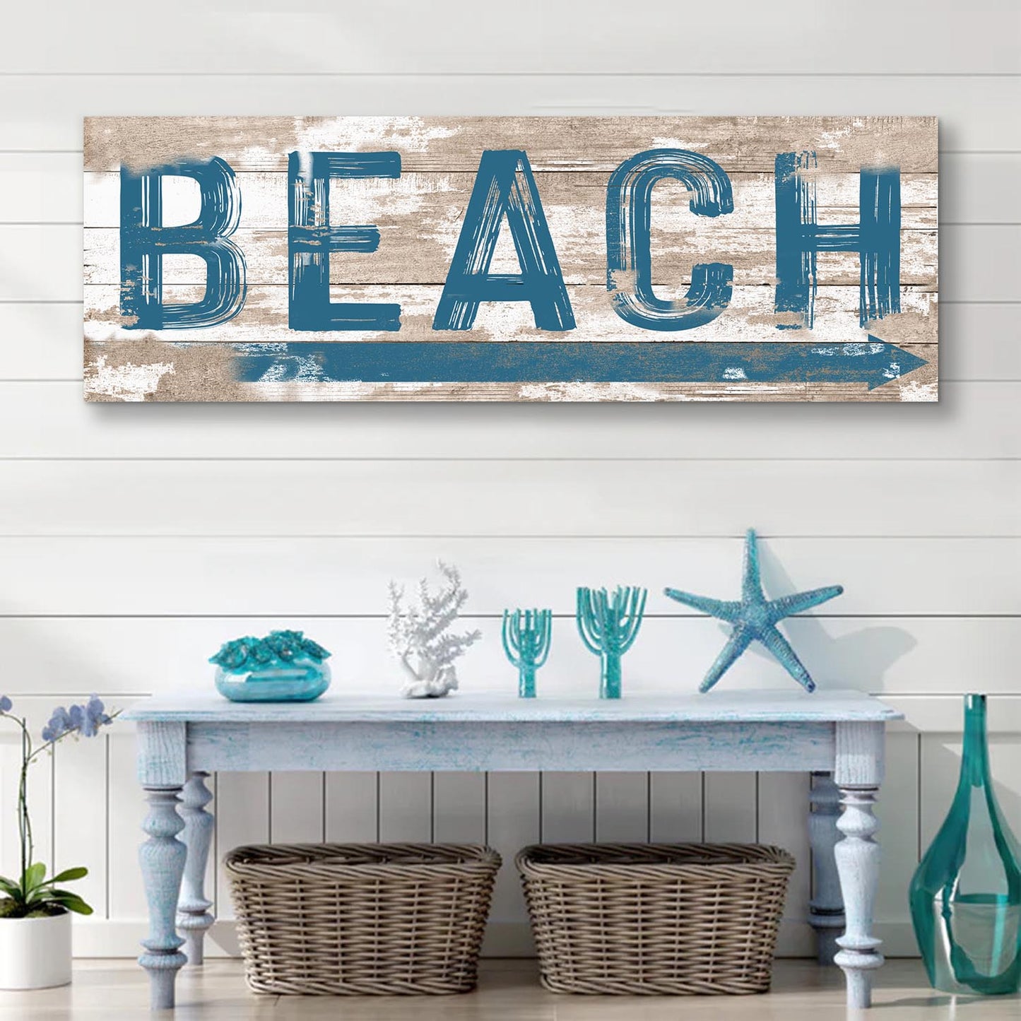 Beach House Sign V canvas Tailored Canvases crafting canvas in blue on rustic wood backdrop on Tampa Home & Garden Store