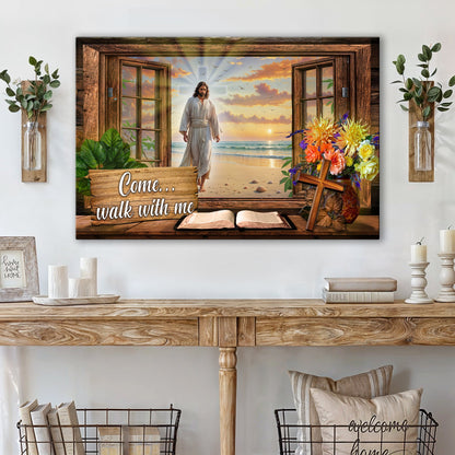 Come Walk With Me Jesus canvas faith sign in rustic wood frame with Jesus at beach door sunset on Tampa Home & Garden Store