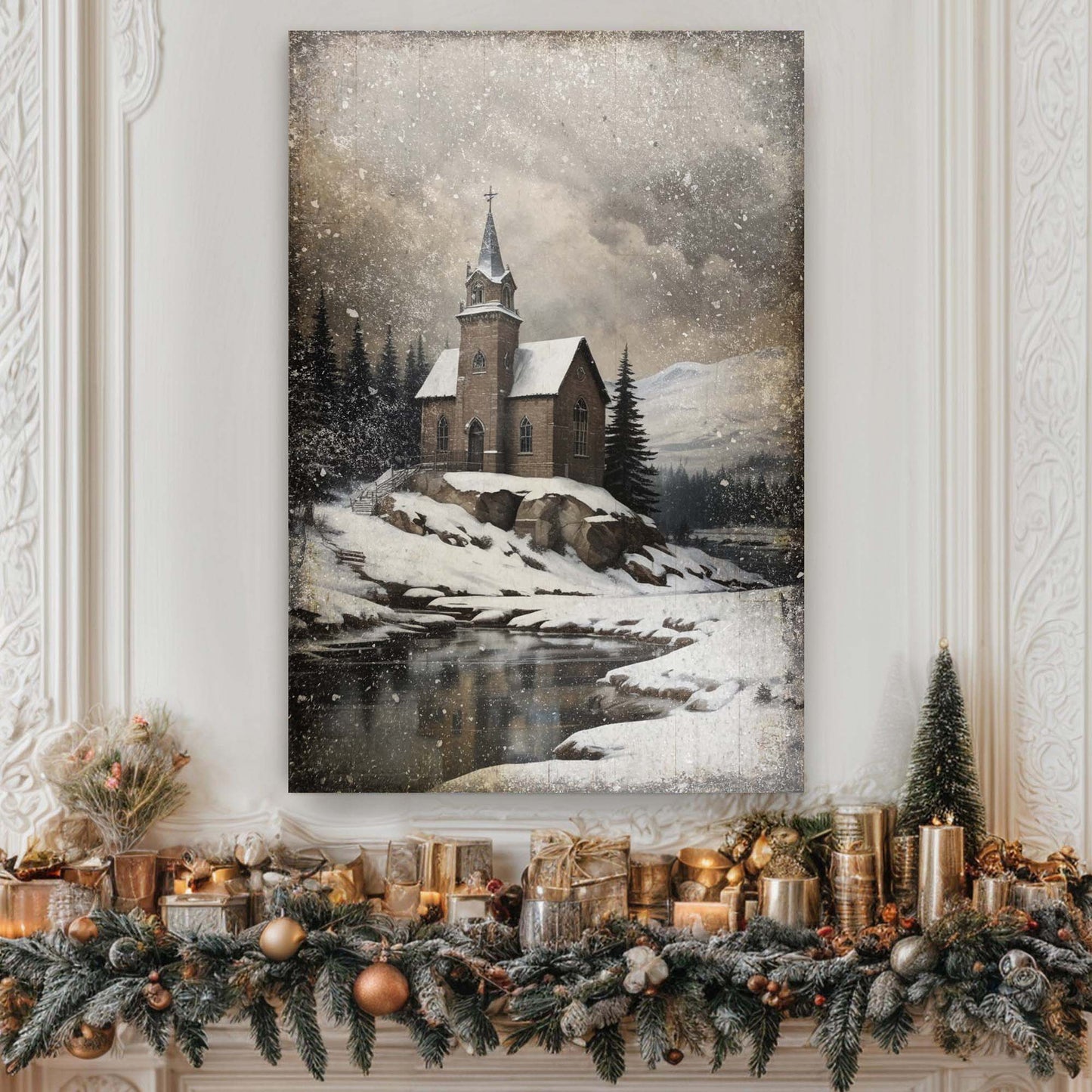 Vintage Church Christmas Wall Art II canvas by Tailored Canvases, snowy church scene for crafting on Tampa Home & Garden Store