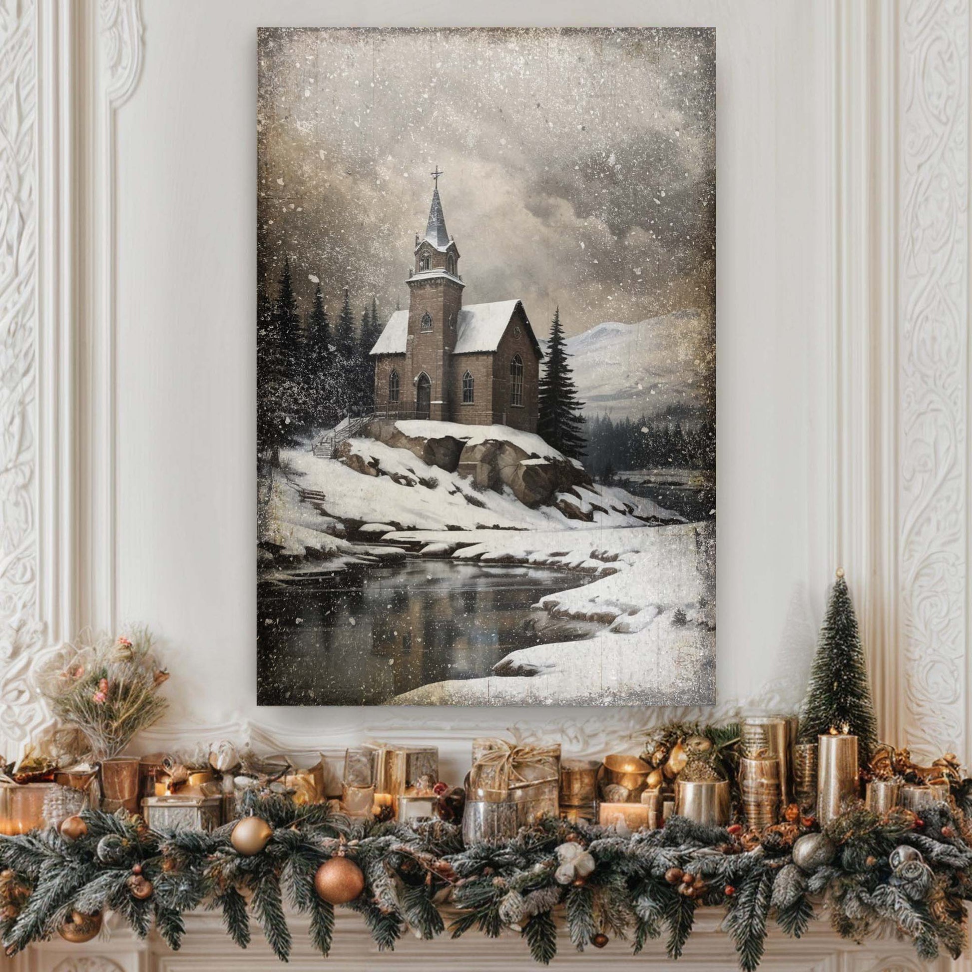 Vintage Church Christmas Wall Art II canvas by Tailored Canvases, snowy church scene for crafting on Tampa Home & Garden Store