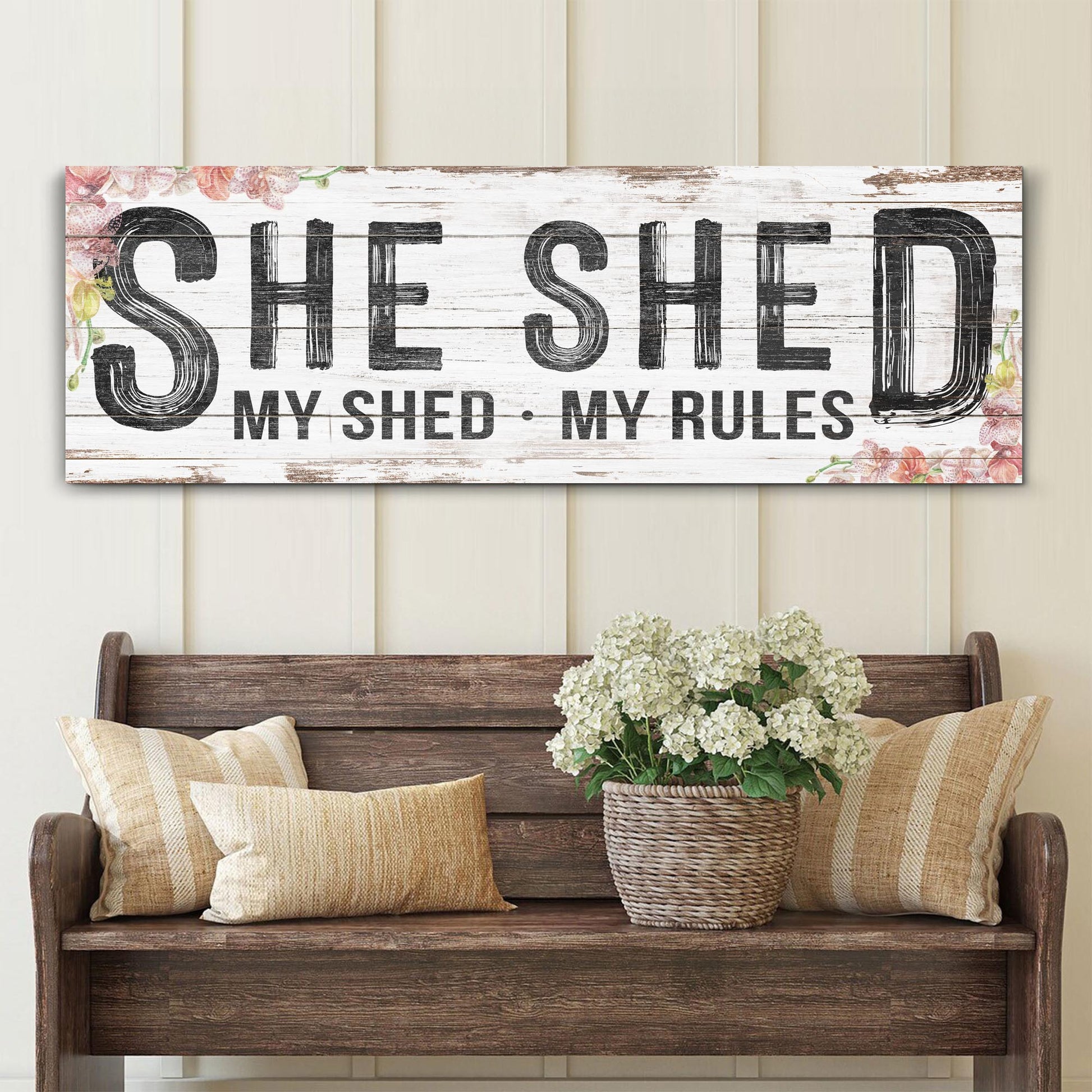 Personalized She Shed canvas sign with distressed white wood and floral corners on Tampa Home & Garden Store