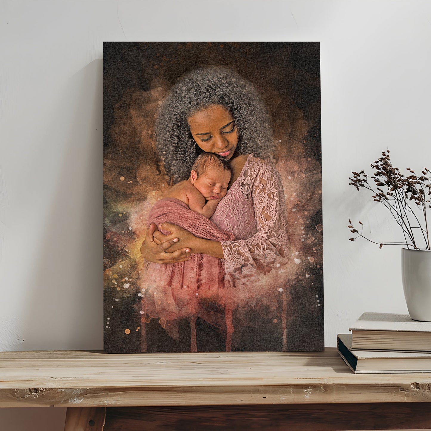 Mother's Day Watercolor Portrait Sign canvas showing a mother holding her baby in pink lace on Tampa Home & Garden Store