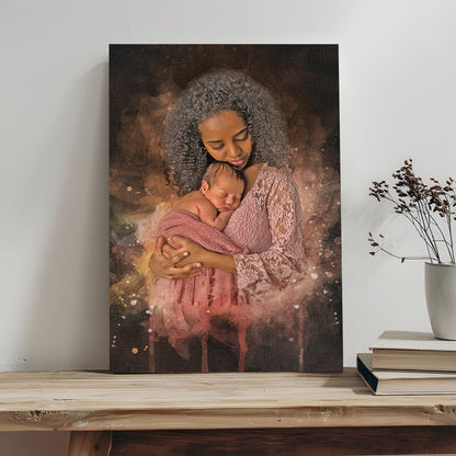 Mother's Day Watercolor Portrait Sign canvas showing a mother holding her baby in pink lace on Tampa Home & Garden Store