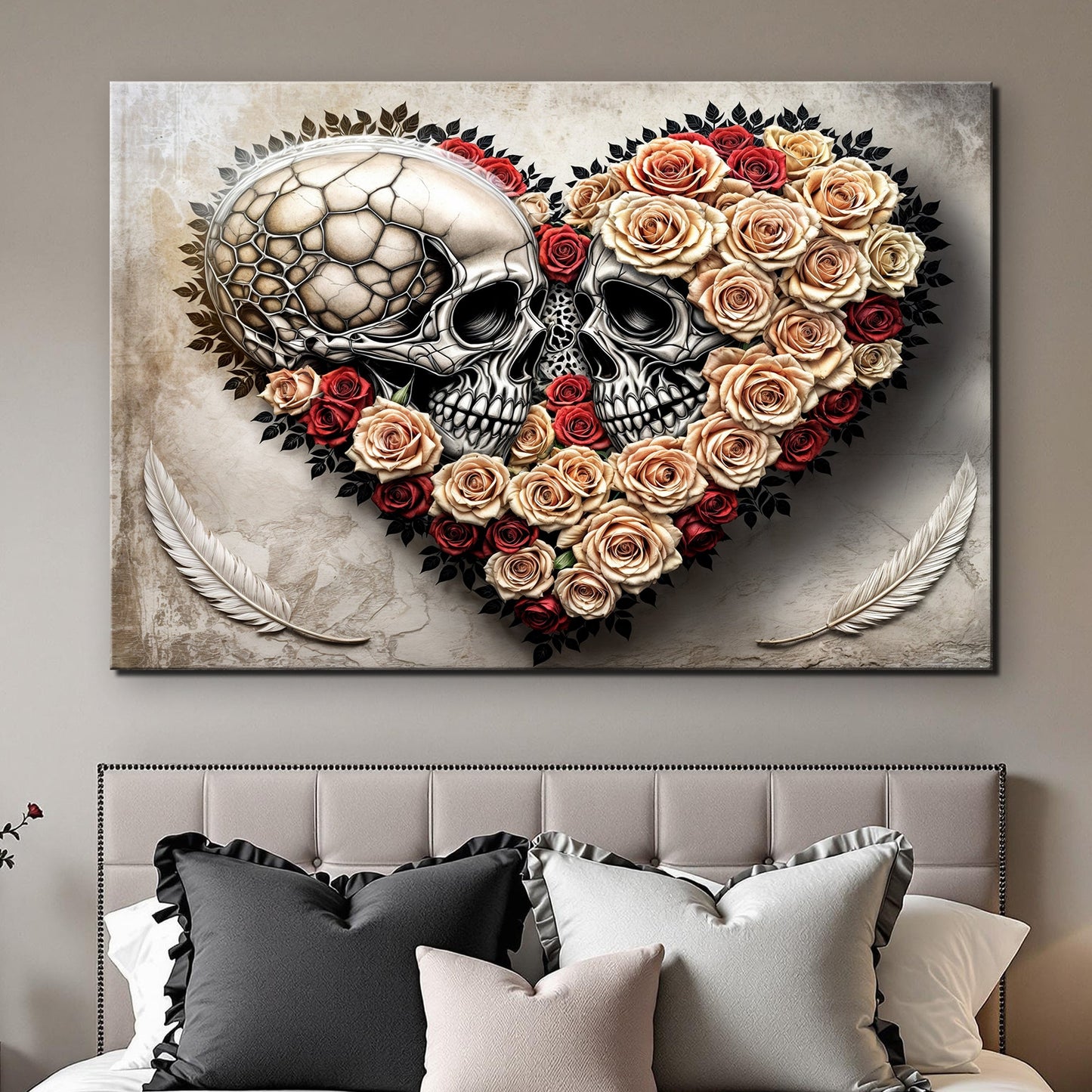 Skull and Flowers Wall Art VII canvas by Tailored Canvases with two skulls and peach roses on Tampa Home & Garden Store