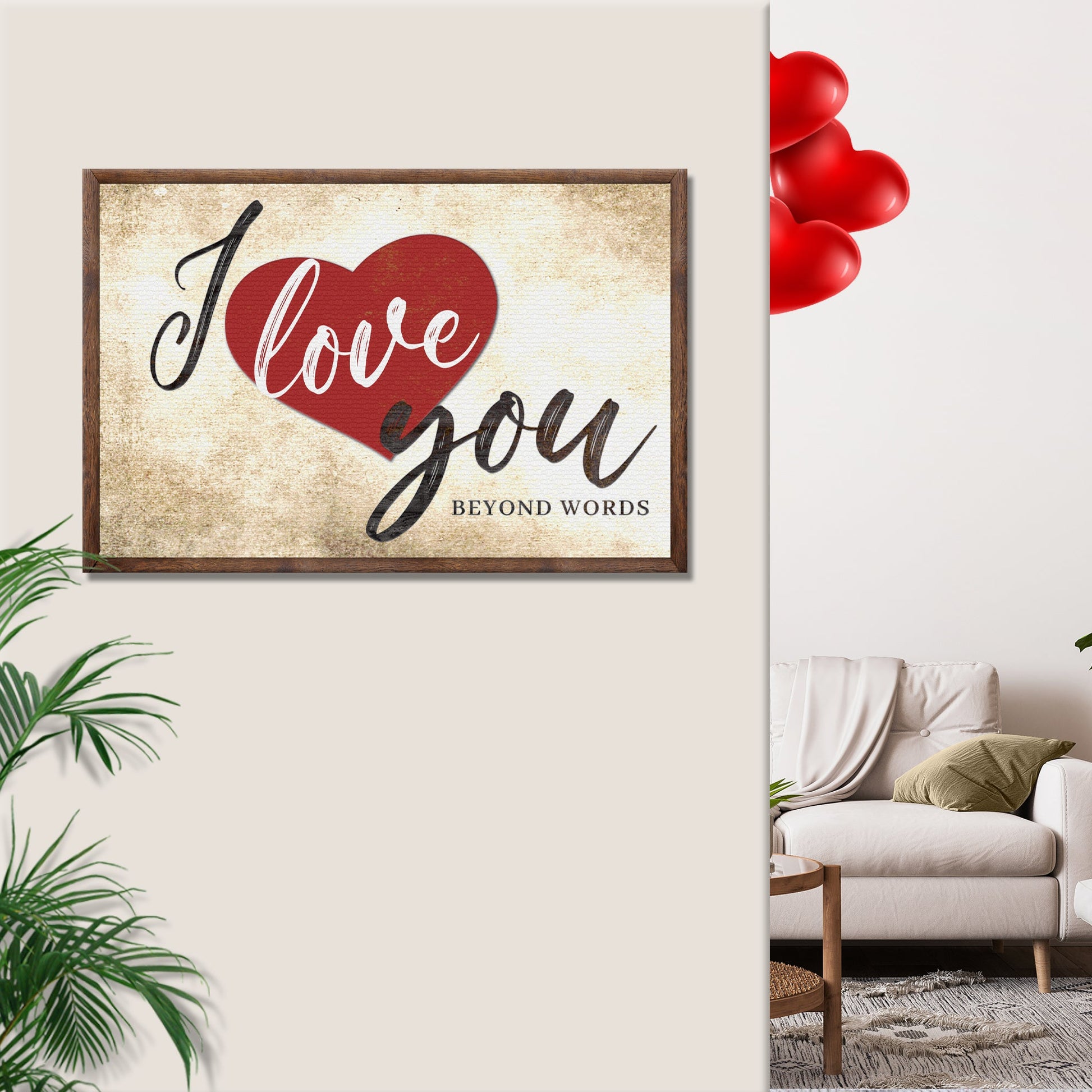 Valentine Beyond Words Sign canvas; wood frame, red heart and script on beige backdrop on Tampa Home & Garden Store