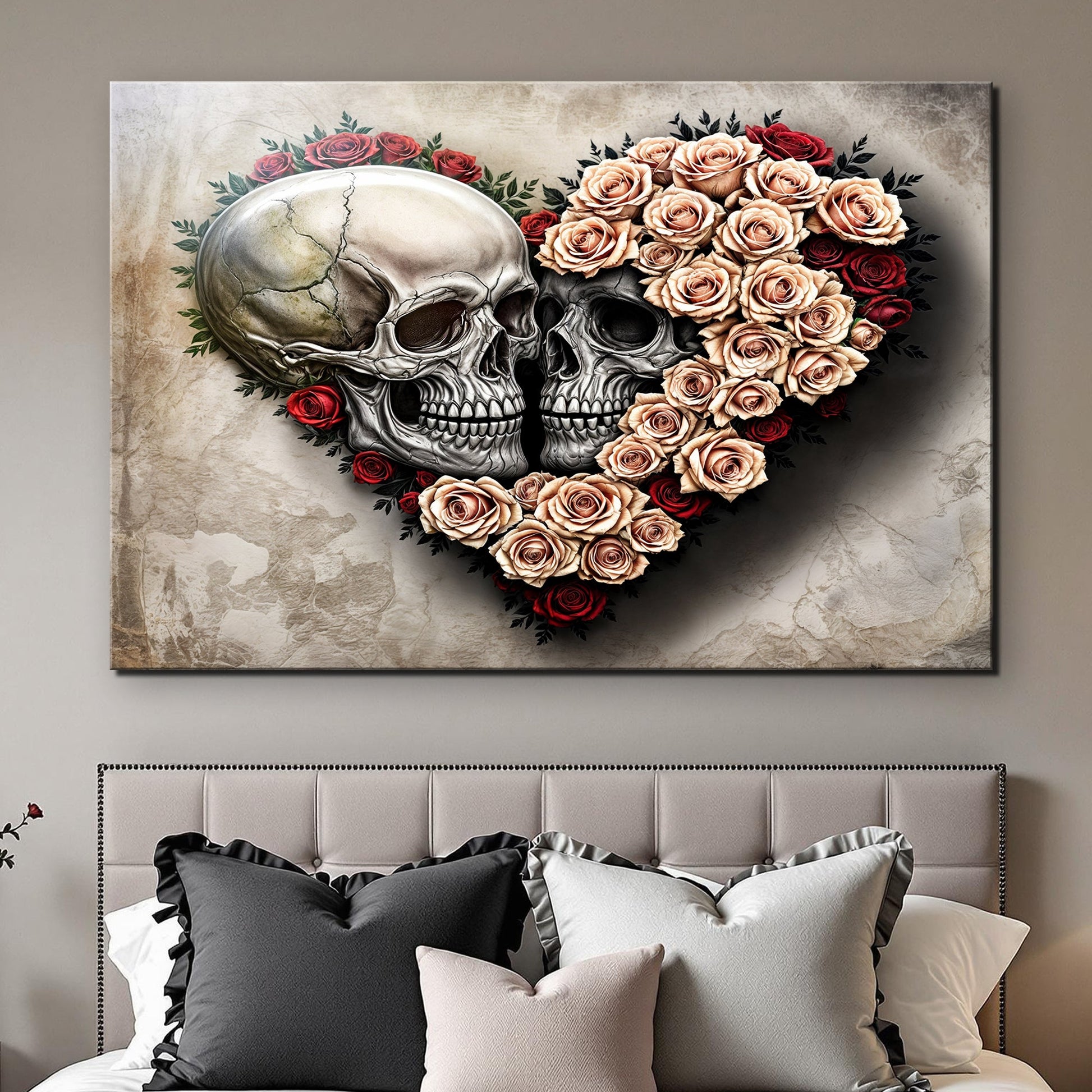 Skull and Flowers Wall Art IX canvas by Tailored Canvases, grayscale skulls surrounded by peach roses on Tampa Home & Garden Store