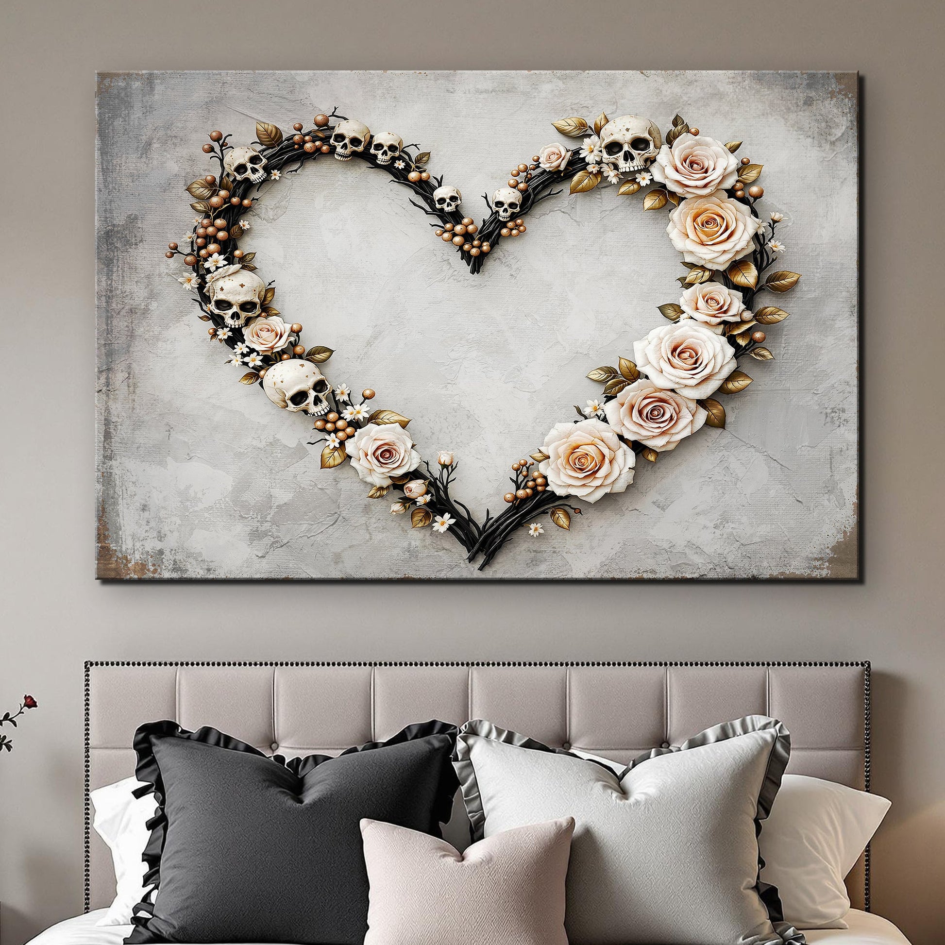 Canvas wall art Skull and Flowers X by Tailored Canvases with skulls and ivory roses on Tampa Home & Garden Store