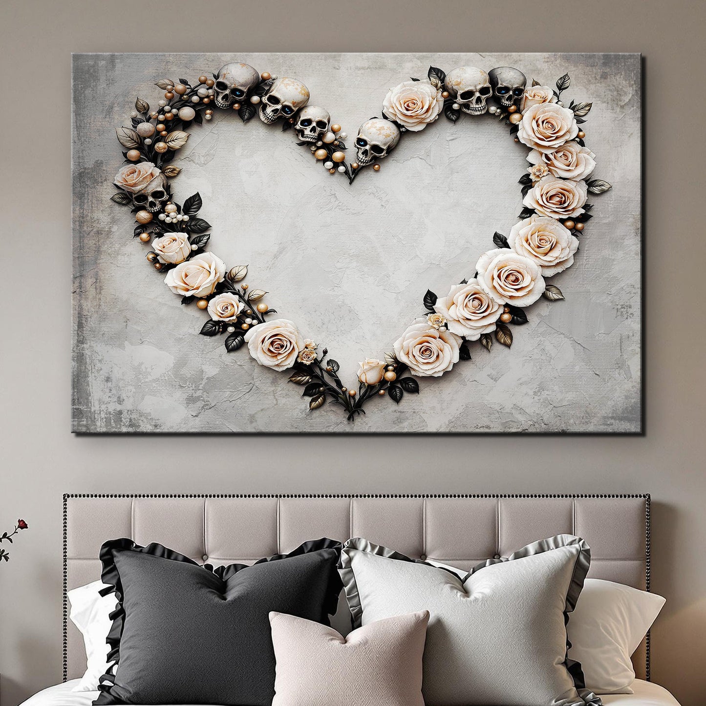 Skull and Flowers Wall Art XI canvas by Tailored Canvases; cream roses and skulls on backdrop on Tampa Home & Garden Store