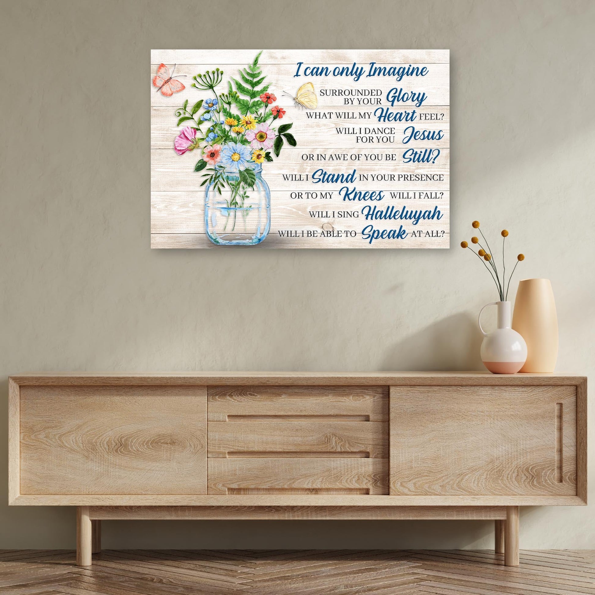 Canvas I Can Only Imagine Faith Sign IV with a bright floral bouquet in a blue mason jar on Tampa Home & Garden Store