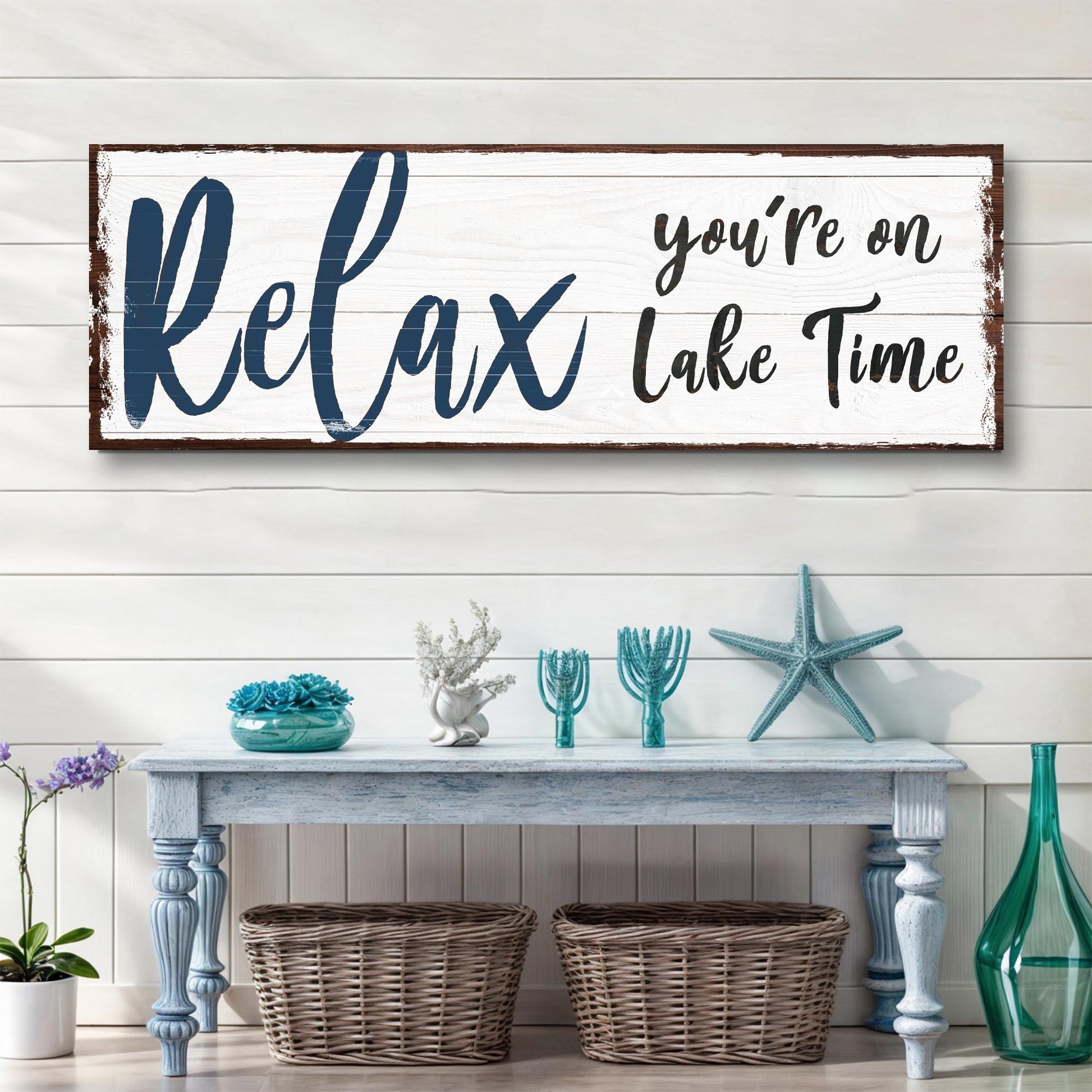 Relax You're on Lake Time Sign IV canvas by Tailored Canvases whitewash planks and navy script on Tampa Home & Garden Store