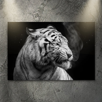 Black and white smoking tiger canvas wall art with smoky background on Tampa Home & Garden Store