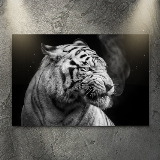 Black and white smoking tiger canvas wall art with smoky background on Tampa Home & Garden Store