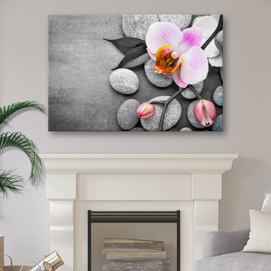 Fresh White Orchid Flower canvas wall art Tailored Canvases pink-white orchid on stones on Tampa Home & Garden Store