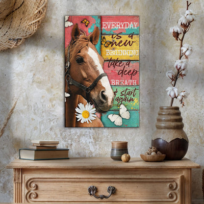 Everyday Is A New Beginning Faith Sign canvas with horse and daisies on distressed wood planks on Tampa Home & Garden Store