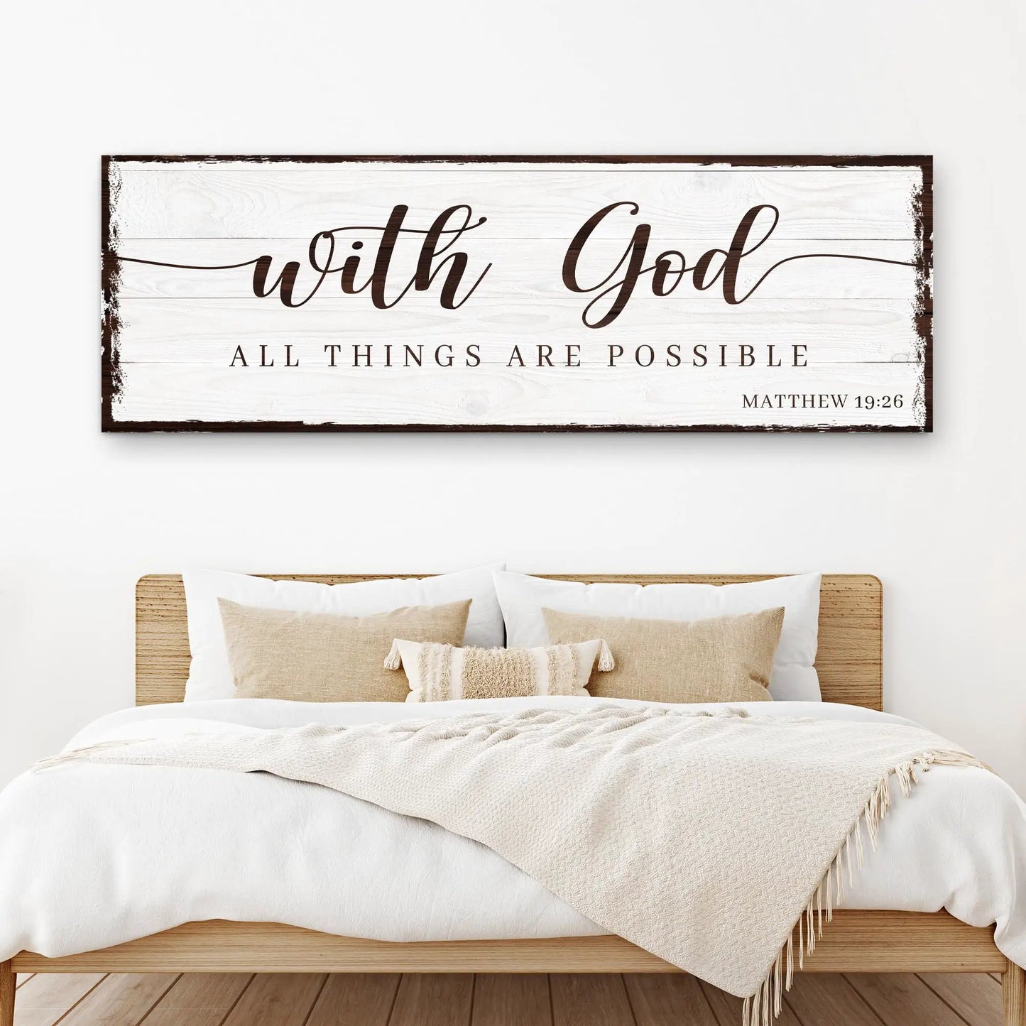 Canvas Faith Sign II with God All Things Are Possible on whitewashed wood in brown script on Tampa Home & Garden Store