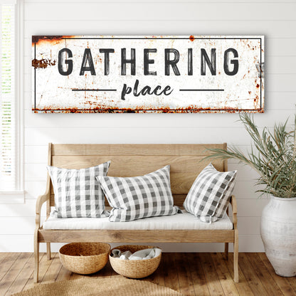 Family Gathering Place Sign canvas by Tailored Canvases, distressed white with rust marks on Tampa Home & Garden Store