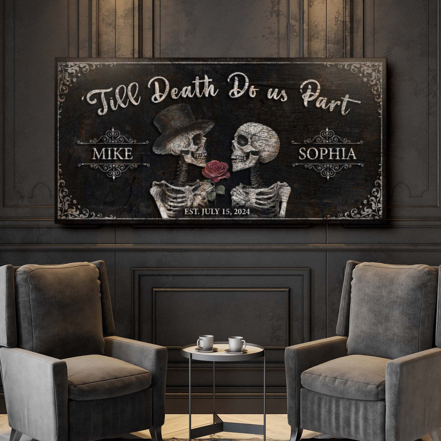 Canvas sign Till Death Do Us Part skeleton couple with borders by Tailored Canvases on Tampa Home & Garden Store