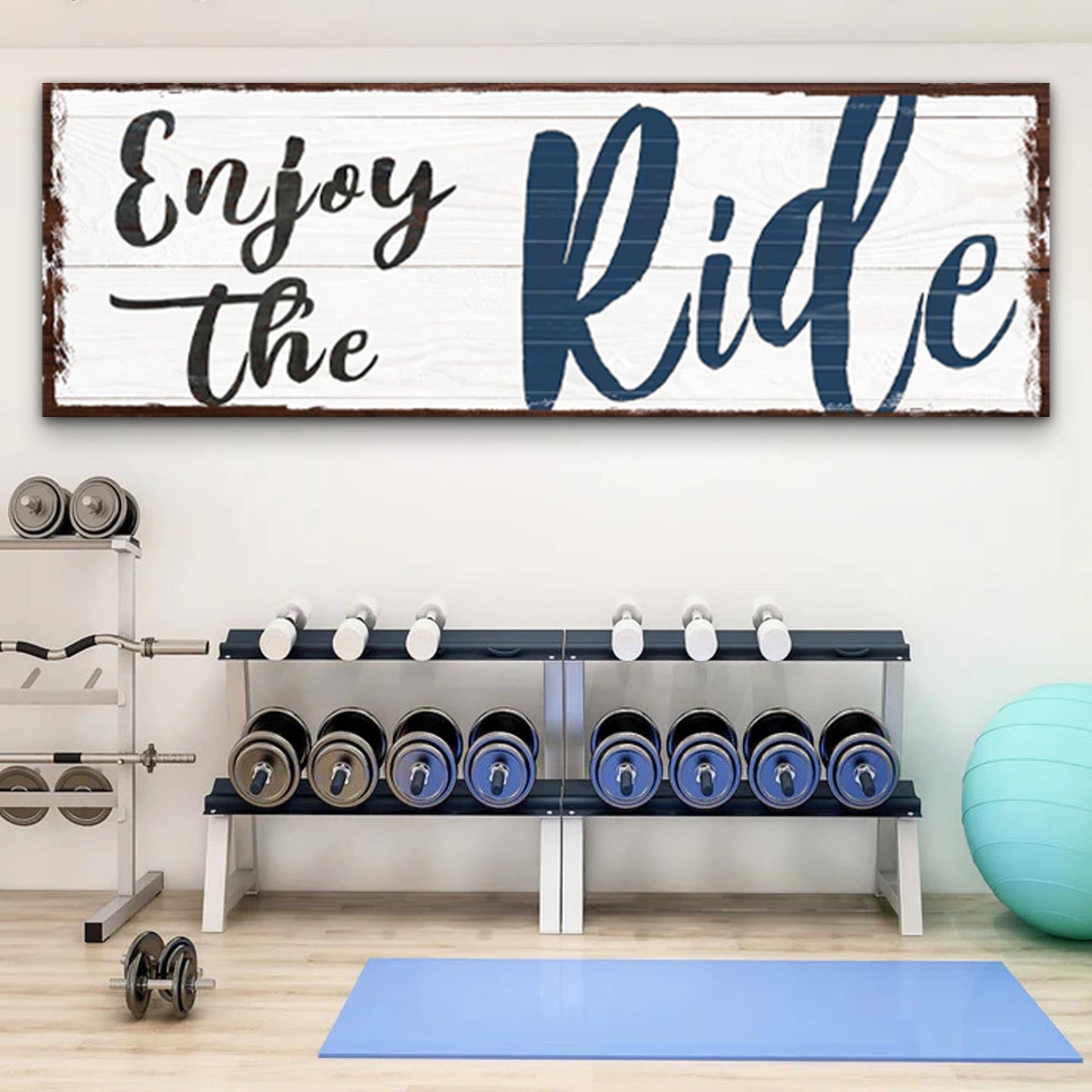 Tailored Canvases Enjoy The Ride canvas sign; rustic white plank with navy Ride script on Tampa Home & Garden Store