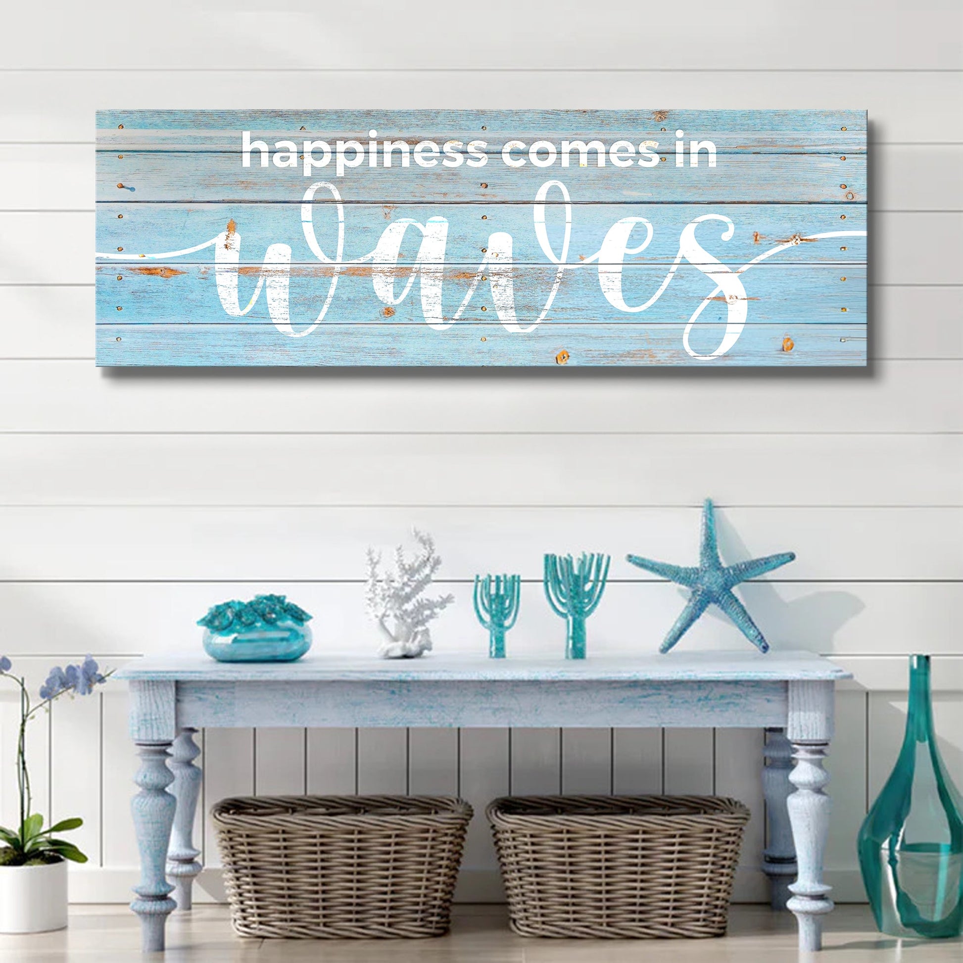 Happiness Comes In Waves Sign canvas with distressed blue wood background on Tampa Home & Garden Store