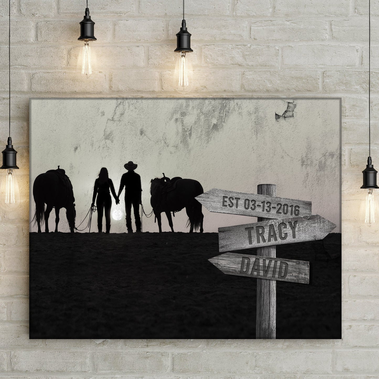 Horse Couple Sign canvas by Tailored Canvases in grayscale silhouette with a wooden signpost on Tampa Home & Garden Store