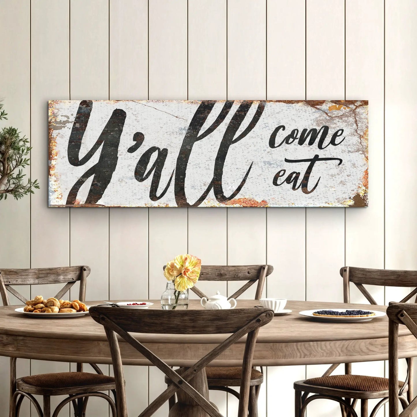 Y'all Come Eat Kitchen Sign III canvas by Tailored Canvases with rustic script in a cozy dining room on Tampa Home & Garden Store