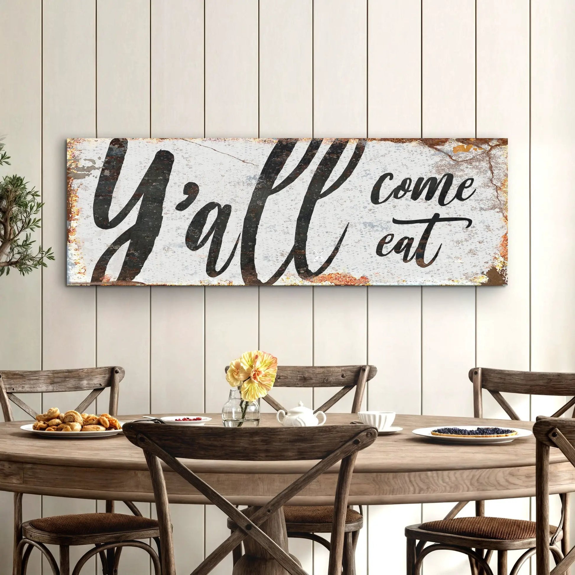 Y'all Come Eat Kitchen Sign III canvas by Tailored Canvases with rustic script in a cozy dining room on Tampa Home & Garden Store
