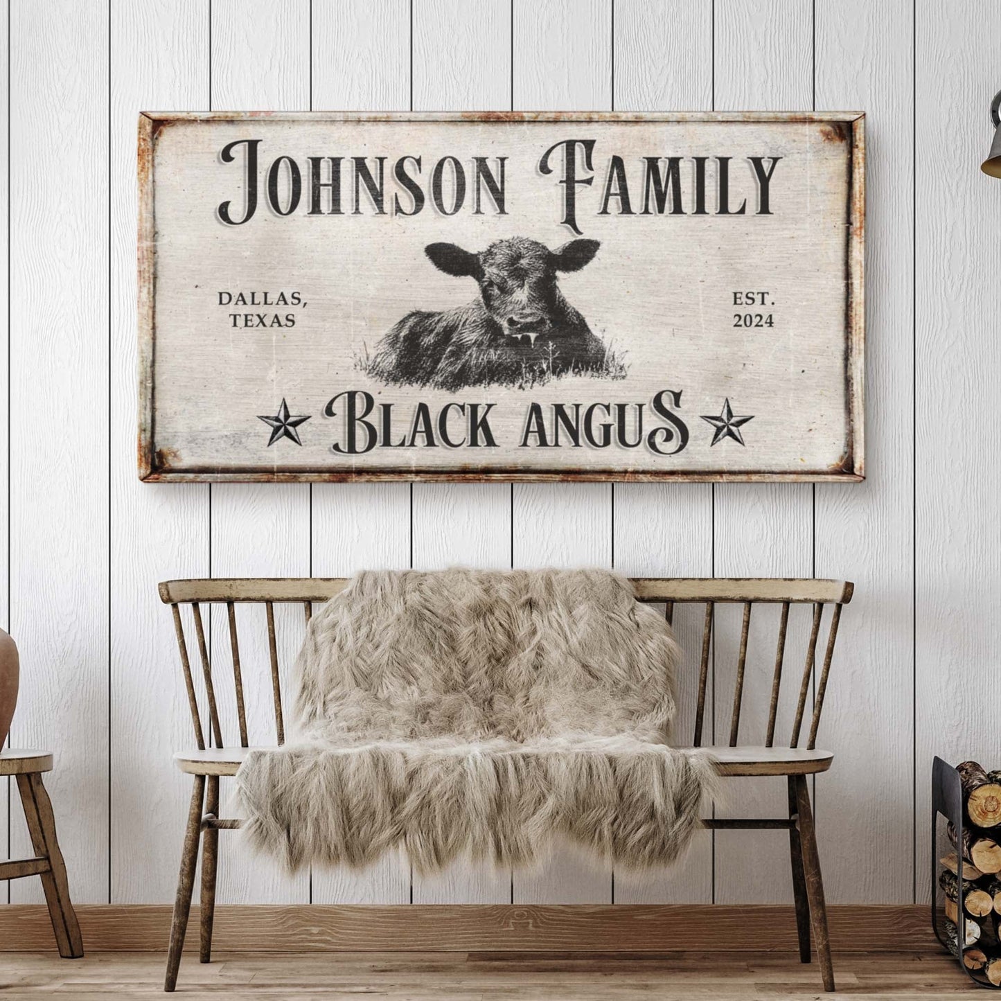 Black Angus Cattle Sign canvas with rustic frame and vintage beige backdrop on Tampa Home & Garden Store