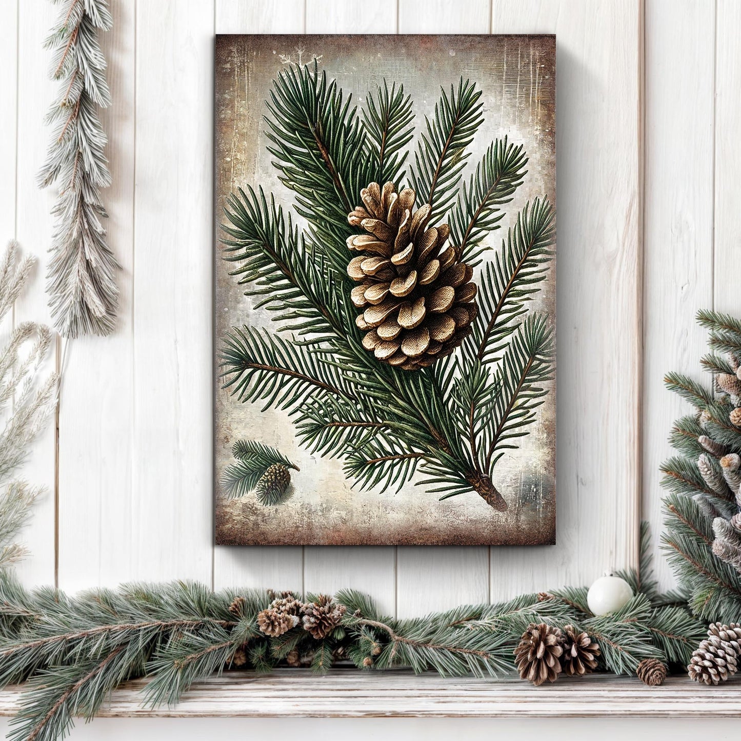 Vintage Winter Pine Cone Christmas Wall Art canvas with pinecone and needles Tailored Canvases on Tampa Home & Garden Store