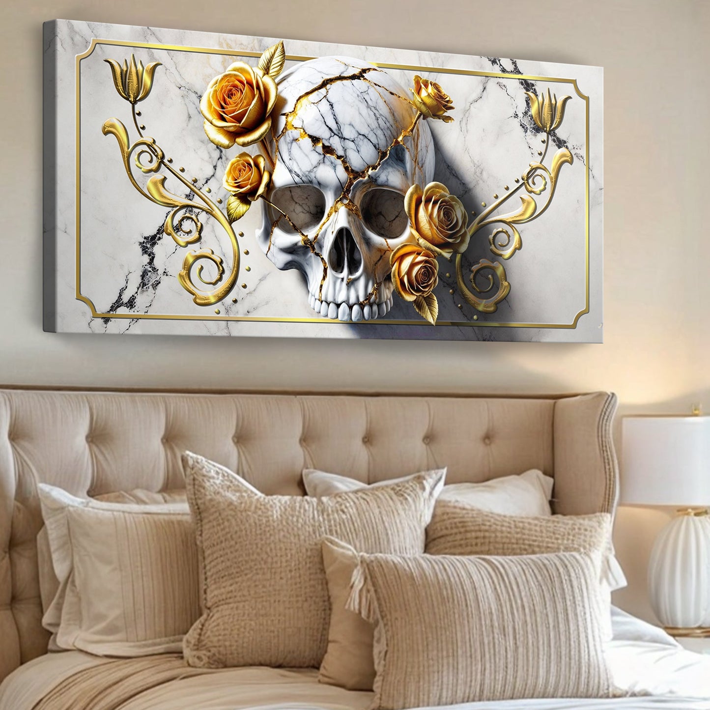 3D Rose and Skull Canvas Wall Art by Tailored Canvases with gold roses on marble background on Tampa Home & Garden Store