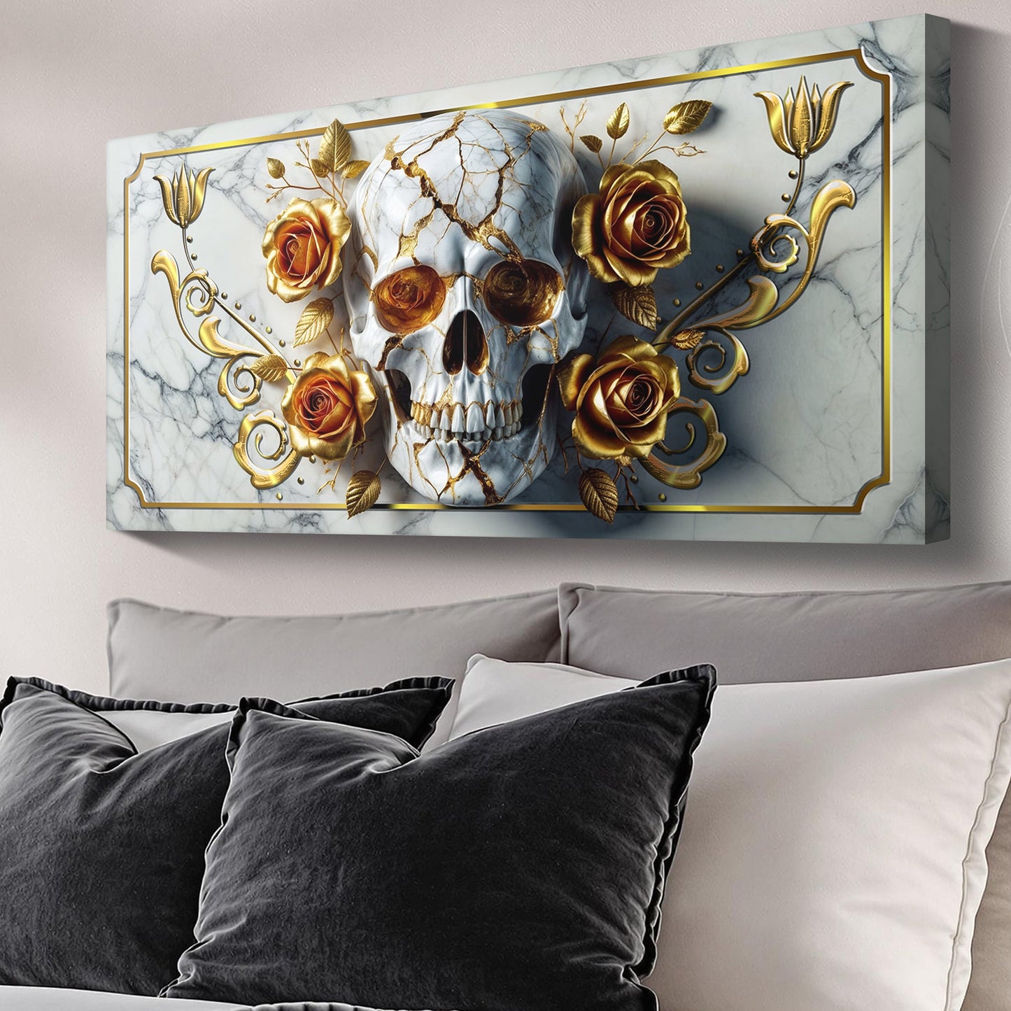 3D Rose and Skull Wall Art II canvas; skull with gold veins and gold roses on marble backdrop on Tampa Home & Garden Store