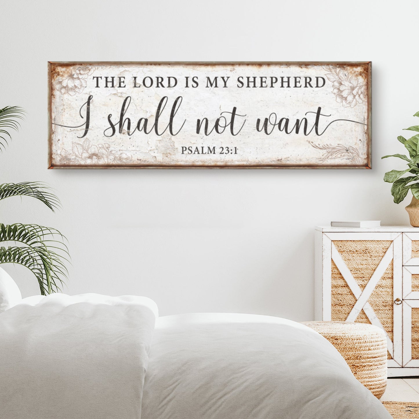 Canvas faith sign Tailored Canvases with Psalm 23:1 on distressed white panel and wood frame on Tampa Home & Garden Store